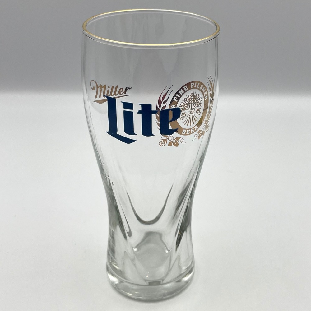 Vintage 1980s Miller Lite Beer Gold Rim Pilsner Glass Etched Logo 6.75"